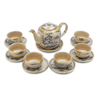 Bộ ấm chén dáng MINH LONG men rạn giả cổ bọc đồng Bát Tràng CHÍNH HIỆU