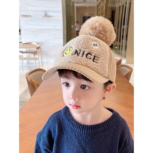 Mũ len lưỡi trai lông xù quả bông cho bé trai bé gái thêu các hình dễ thương , phù hợp 5 tháng - 4 tuổi