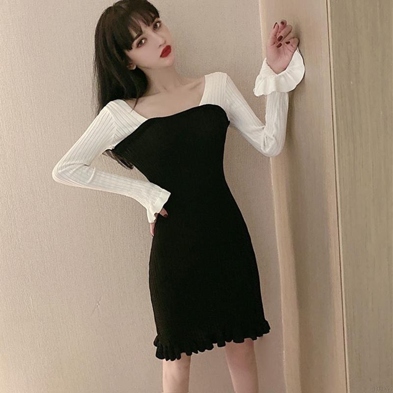 Váy dệt kim dáng ôm phối kiểu nhún bèo đuôi cá kết hợp màu sắc thời trang phong cách retro kiểu Pháp | BigBuy360 - bigbuy360.vn