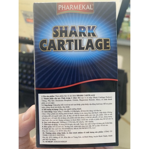 Sụn Cá Mập Pharmekal Shark Cartilage - hàng chính hãng.có tem phụ hộp 60 viên nhập khẩu Mỹ