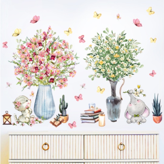 Decal trang trí tường - Bình hoa nở rộ cùng đàn bướm xinh