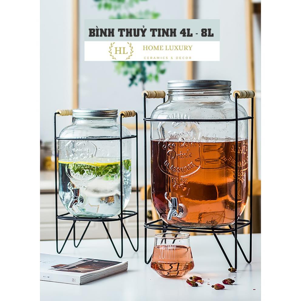 Bình thuỷ tinh 4L - 8L có vòi khung thép| Bình buffet thuỷ tinh đựng nước, rượu hoa quả 4L, 8L