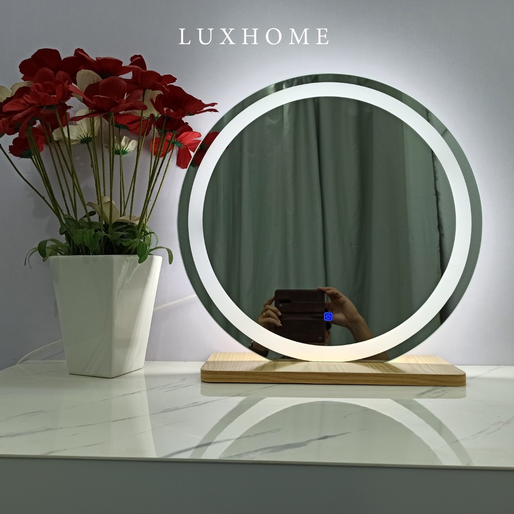 Gương Để Bàn LED Cảm Ứng Chân Gỗ 50 cm x 50 cm LUXHOME, Gương Soi Nịnh nét, Gương decor sang chảnh