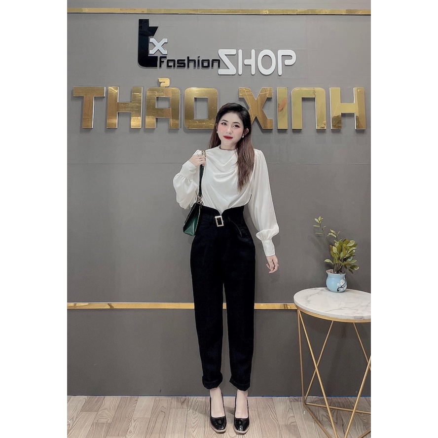 Set sơ mi lụa kiểu mix quần baggy kèm thắt lưng TH013
