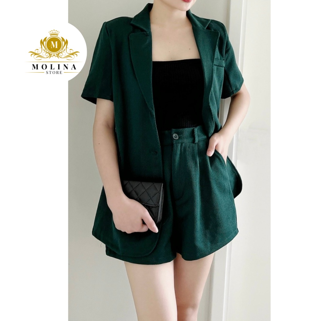 Set Áo Vest Thiết Kế Molina Tay Ngắn Phối Nút Bọc Kèm Quần Short, Chất Kaki Thun Nhung Cao Cấp Mềm Mịn