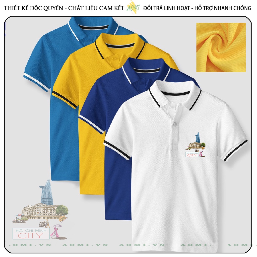 ÁO POLO SÀI GÒN HỒ CHÍ MINH CITY CÁ SẤU MÈ ĐEN TRẮNG VÀNG UNISEX PHÔNG NAM NỮ THUN CỔ BẺ BASIC GIA ĐÌNH AOMIVN