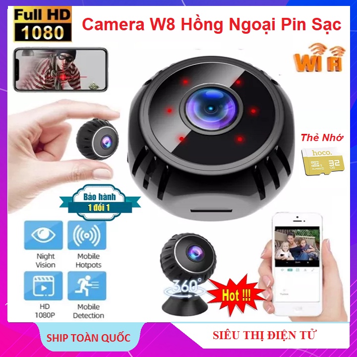 Camera Pin Sạc Giám Sát, Wifi W8 FullHD 1080P Chống Trộm, Hồng Ngoại - Phát Hiện Chuyển Động - Không Dây - BH 24 Tháng
