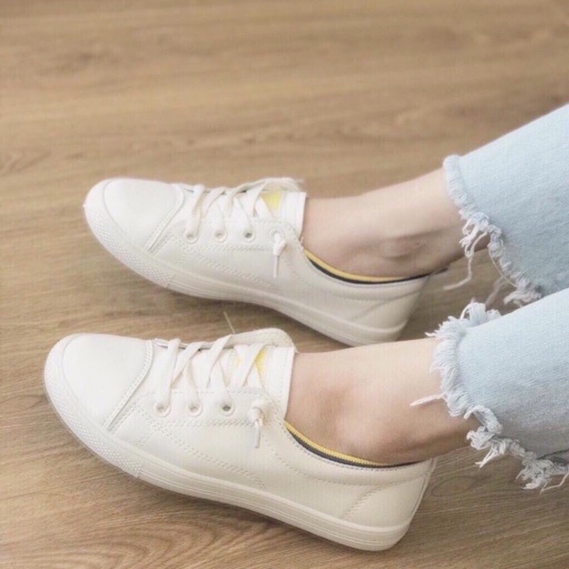 Giày thể thao nữ không cần buộc dây, giày sneaker cổ chun vàng màu trắng kem đế êm thoáng khí thích hợp đi làm, đi chơi