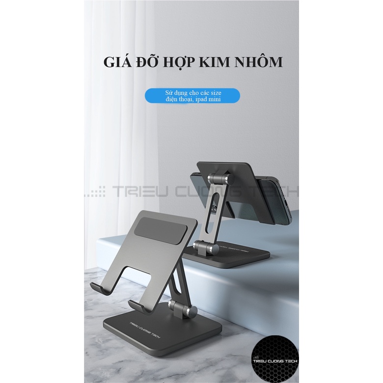 Giá Đỡ Điện Thoại (All Size) Hợp Kim Nhôm Nguyên Khối Triều Cường Tech 2 Trục Điều Chỉnh Góc Độ - Gấp Gọn Tiện Lợi