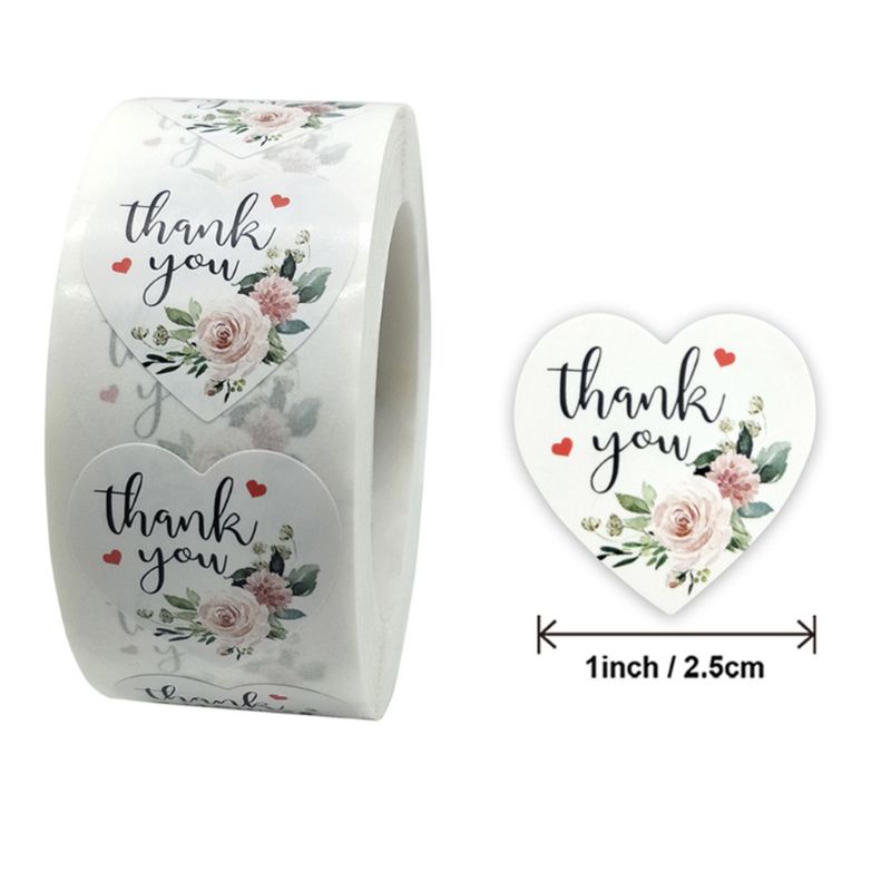 Cuộn 500 miếng hình dán trái tim trang trí chữ thank you