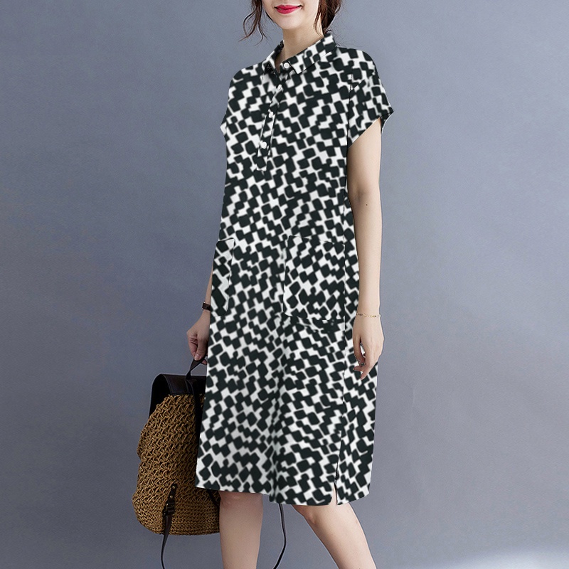 Đầm mini ZANZEA tay ngắn dáng rộng vải cotton in họa tiết phong cách vintage dễ phối trang phục cho nữ