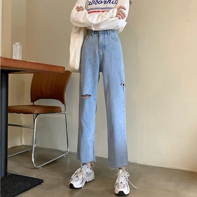 Quần jeans baggy nữ rách gấu, quần bò jean ống suông rộng mã RG1 Top thịnh hành 2022