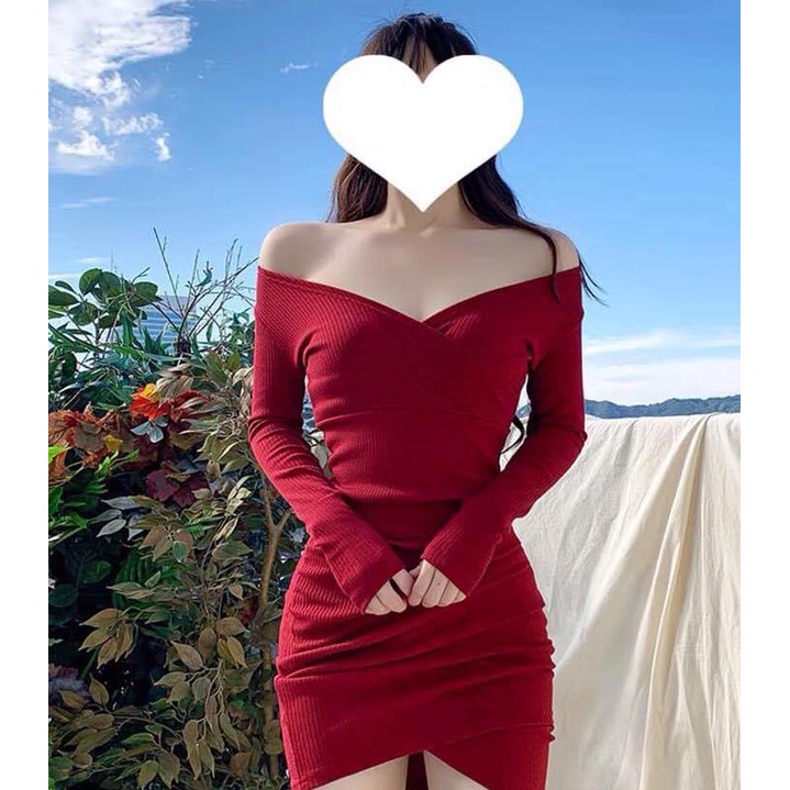 Đầm body đỏ cổ đắp tay dài xếp hông NÀNG CLOSET