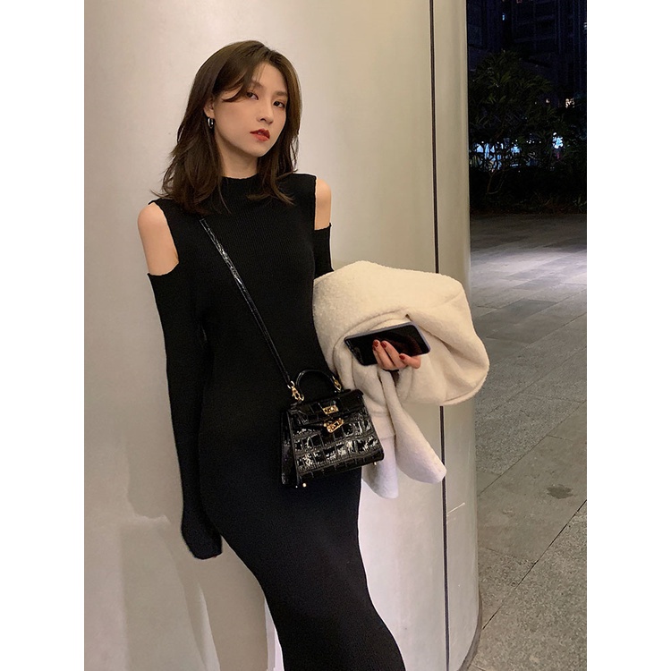 Đầm midi SUXI cổ cao tay dài thiết kế hở vai phong cách Hàn Quốc thời trang mới