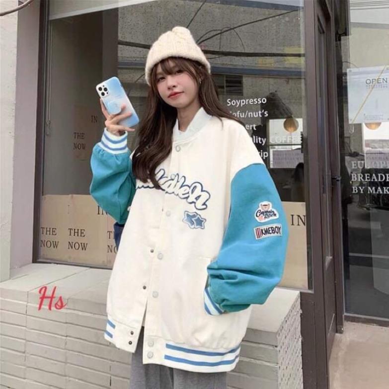 Áo khoác bomẻ jacket thêu ngôi sao phối tay trắng HS