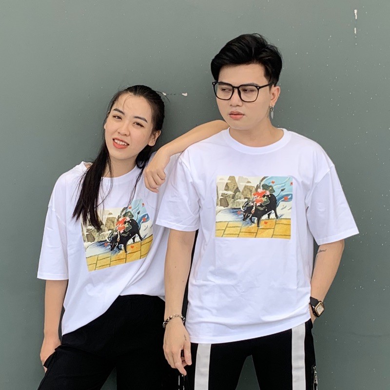 Áo Thun Unisex Tay Lỡ Form Rộng - Áo Phông Thiết Kế Tranh vẽ Thổi Sáo Chăn Trâu