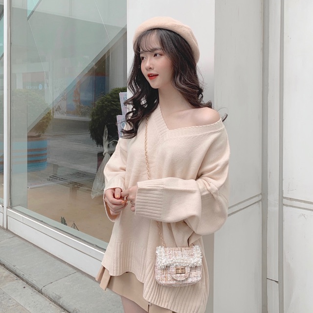 Áo trễ vai len cổ tim ulzzang