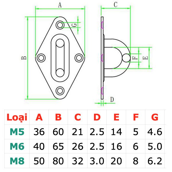 Móc treo xích đu, treo ghế đu, treo võng, treo quạt trần, inox 316 size M5, M6, M8 - CH5SE, CH6SE và CH8SE