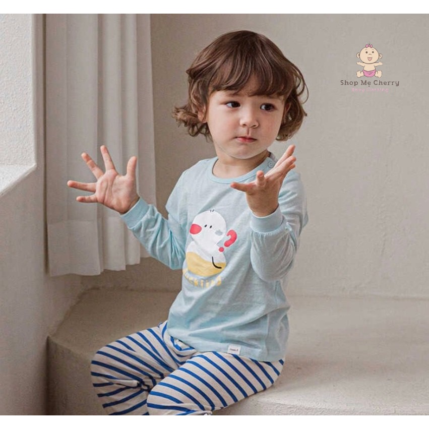 Mẫu Dài Tay Cao Cấp Cho Bé Nội Địa Hàn Quốc Của Hãng Cordii, Chất Cotton giấy Organic Mẫu Vịt Xanh Quần Sọc