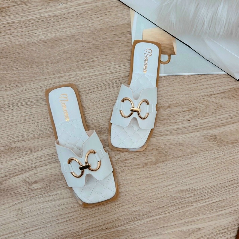 Có hàng: Dép nữ quai ngang bản to mũi vuông đế tràn chỉ cao 1cm