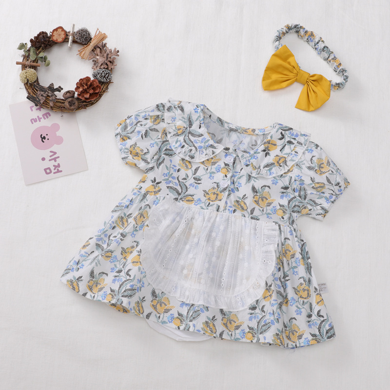 Set Jumpsuit Tay Ngắn Hoạ Tiết Hoa + Băng Đô Cài Tóc Cho Bé