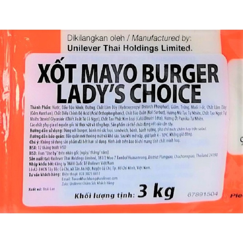 [TÚI 3 Kg] XỐT MAYONNAISE [Thailand] LADY'S CHOICE Mayo Burger (halal)