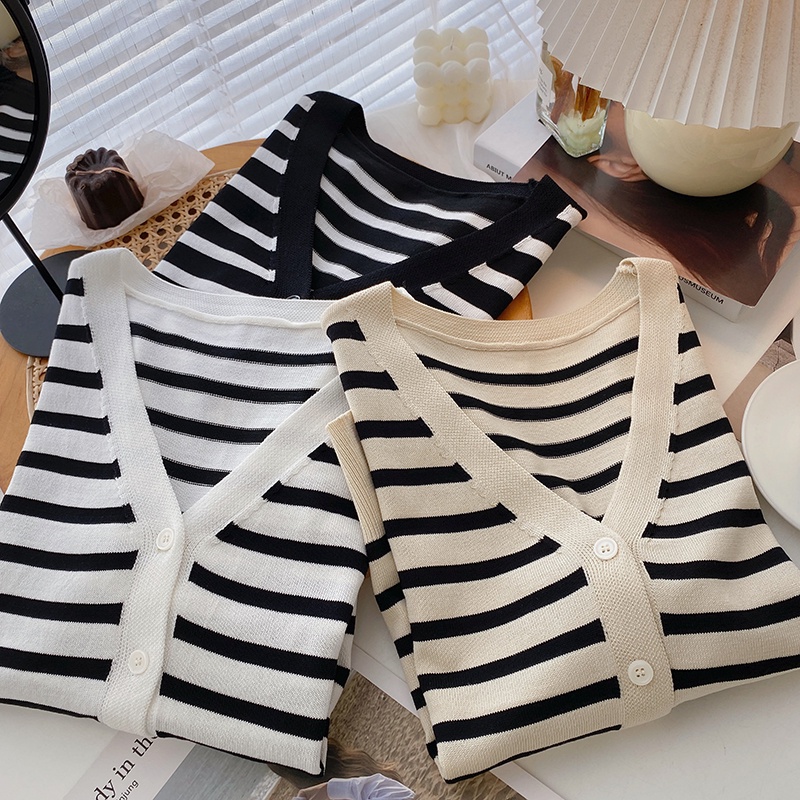 Áo Cardigan Dệt Kim Ngắn Tay Cổ Chữ V Họa Tiết Kẻ Sọc Thời Trang Cho Nữ