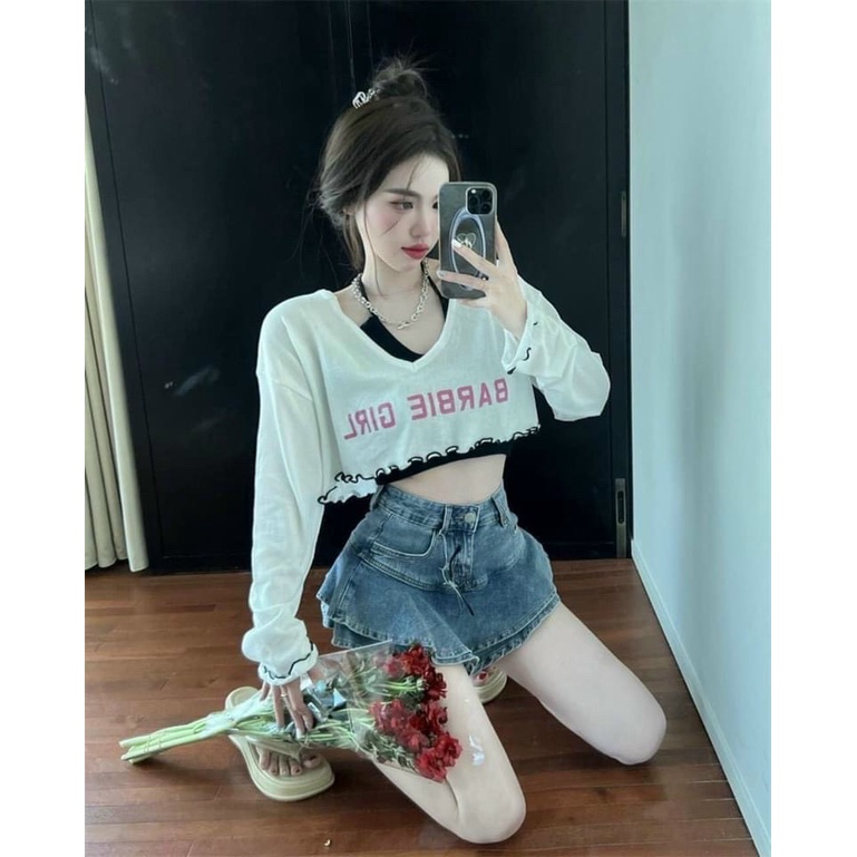 Sét áo croptop cổ tim tay dài in chữ girl kèm áo yếm trong cực xinh , chất thun coton mềm mát mk