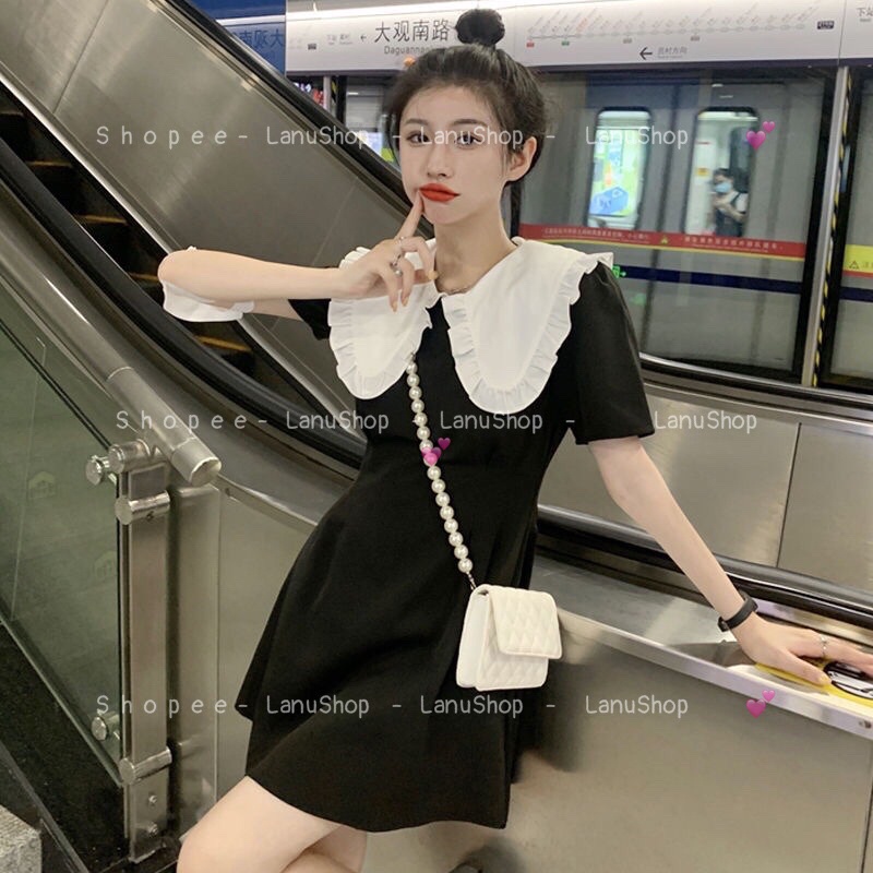 Váy xoè nhẹ cổ sen xinh yêu, Đầm xuông A phối cổ trắng
