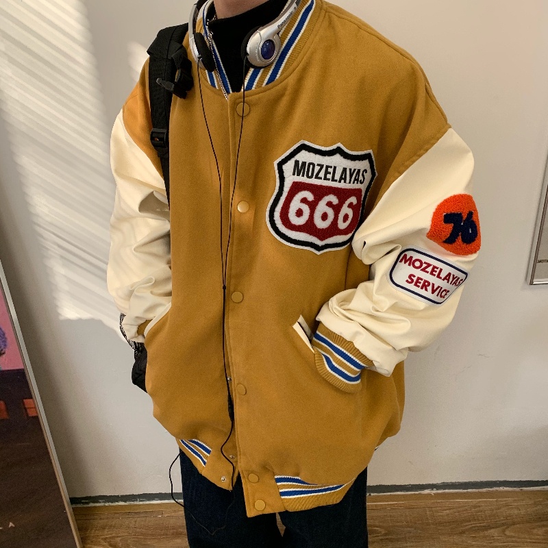 áo khoác áo polo nam áo khoác dù đồ bộ nam Áo khoác bóng chày cổ đứng dáng rộng màu xanh dương/vàng thời trang hip hop đường phố mỹ cho nam size M-3XL