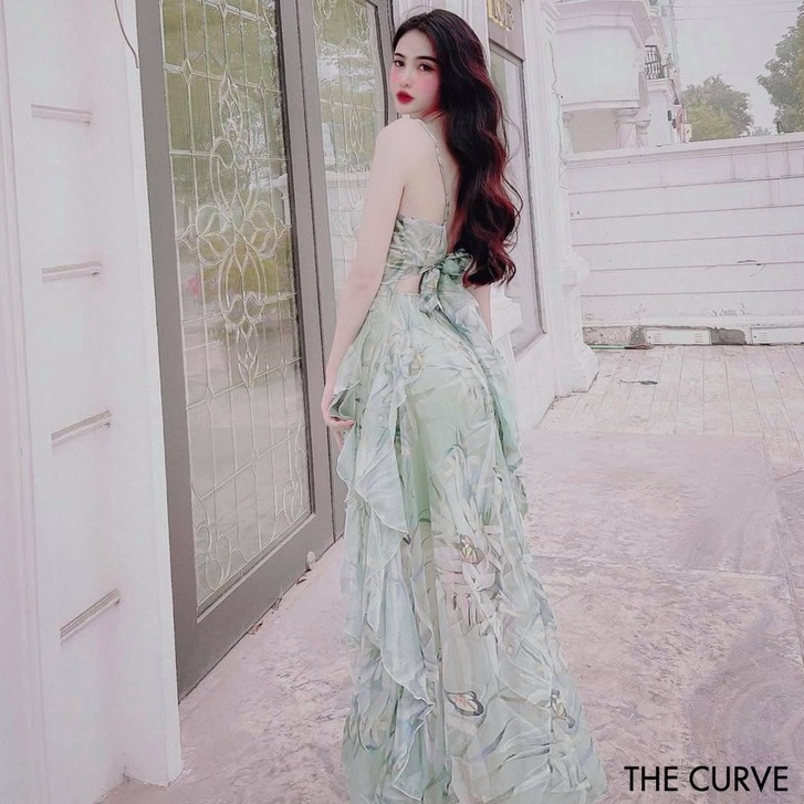 Đầm Dự Tiệc 2 Dây Chíp Eo Nơ Lưng Đuôi Bèo Xòe - 2 Màu Nude, Xanh - Vải Voan