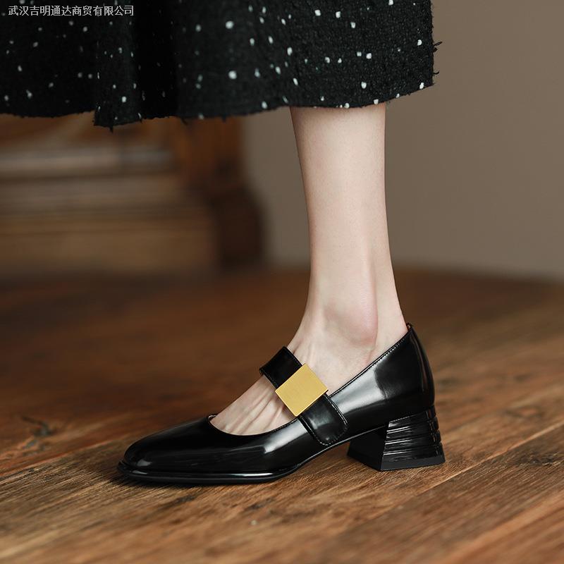 Giày Mary Jane mũi vuông đế dày màu đỏ rượu vang phong cách cổ điển thời trang 2022 dành cho nữ