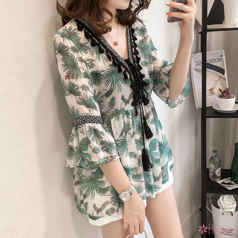 Áo sơ mi kiểu nữ vải chiffon cổ tim hoạ tiết hoa dáng rộng thoải mái