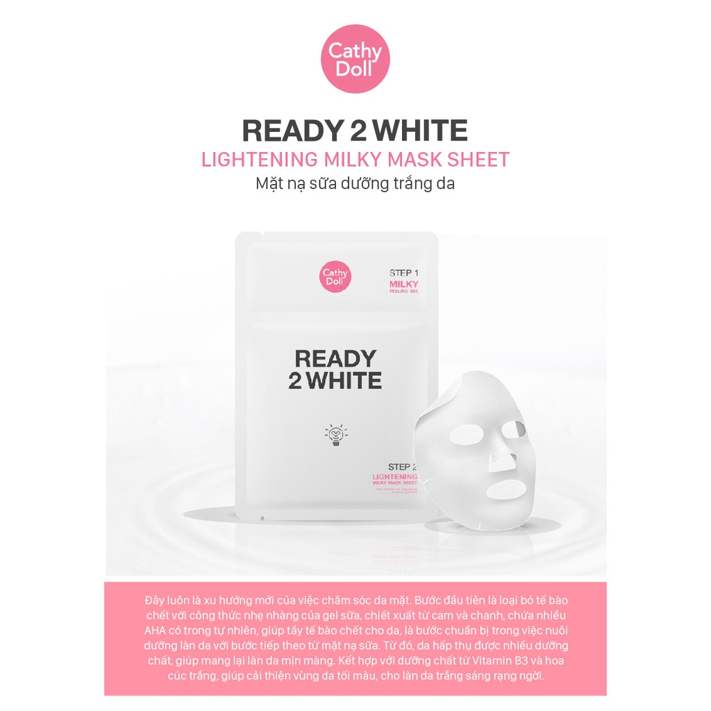Mặt Nạ Sữa Trắng Da & Tẩy Tế Bào Chết 2in1 CATHY DOLL Ready 2 White Lightening Milky Mask Sheet 3.5ml+25g - Thái Lan | BigBuy360 - bigbuy360.vn