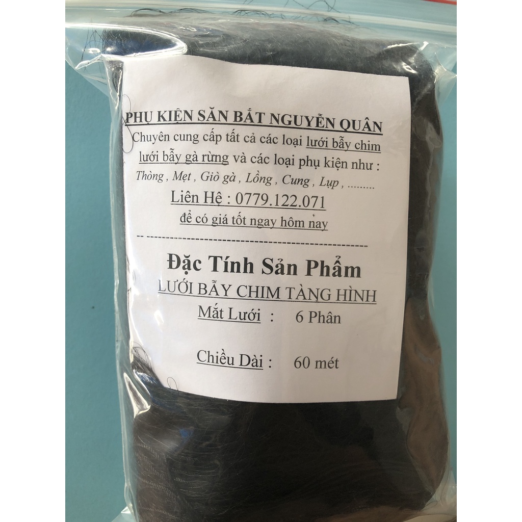 60m lưới Tàng hình bẫy chim Cu Tiểu, Cu Gáy, Sáo, Vẹt,...các loại chim tầm trung, mắt lưới 6 phân, cao 5m, 4 dây 3 túi.