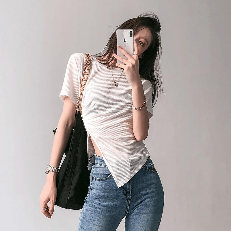 Áo thun dài tay ngắn dáng ôm xẻ tà phong cách Hong Kong cá tính cho nữ