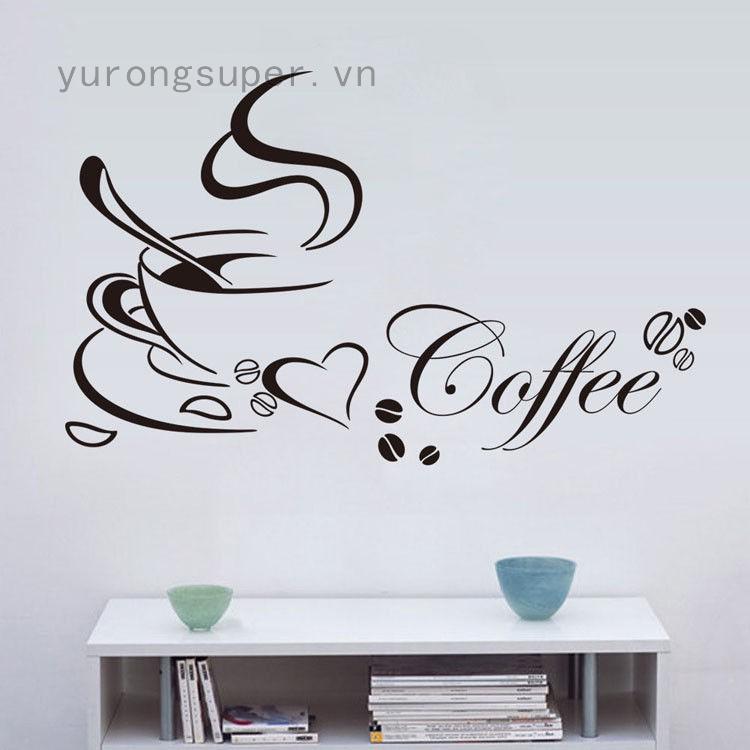 Miếng dán tường vinyl hình tách cà phê màu đen dễ chùi rửa