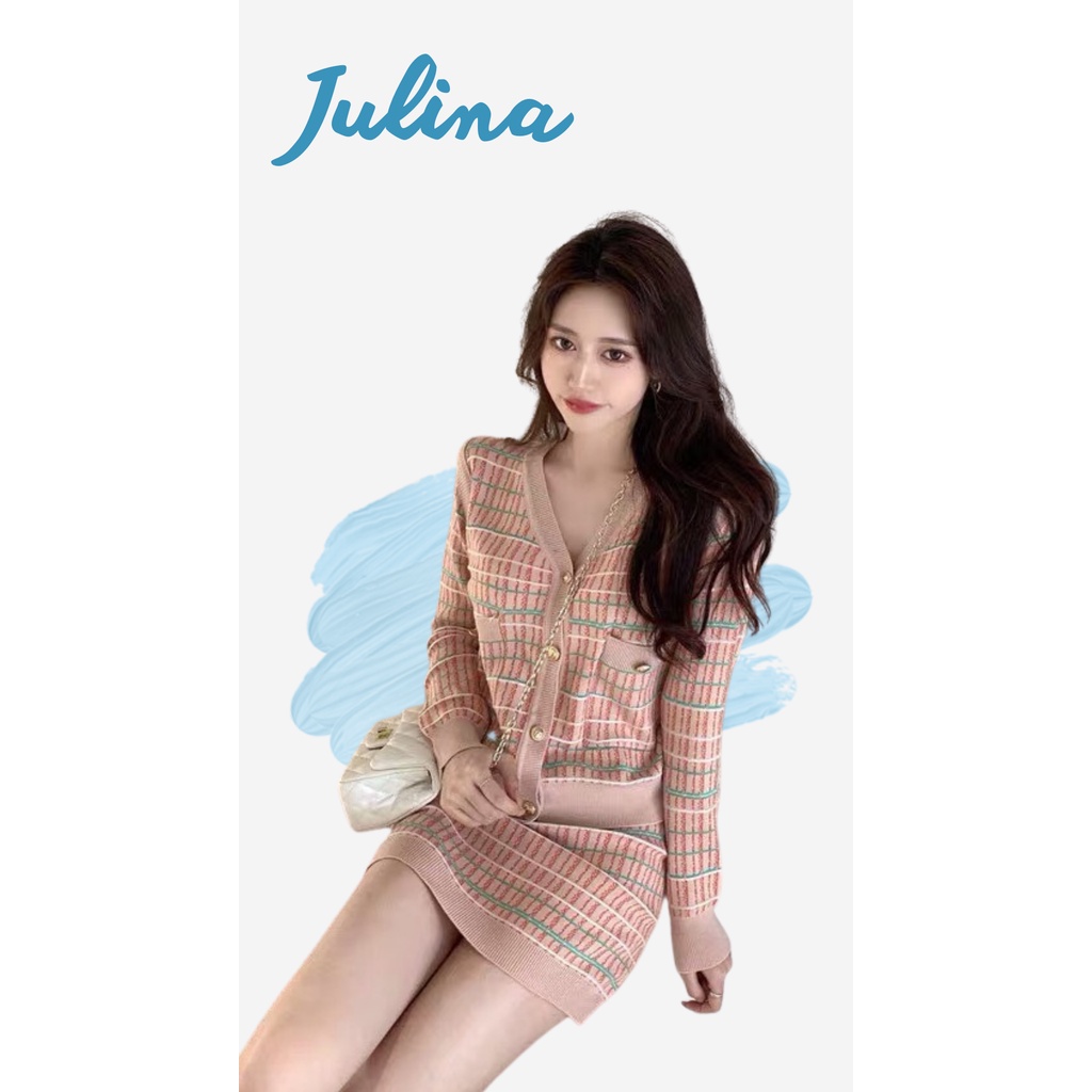 Set váy len nữ Julina kẻ hồng nữ tính set váy len phong cách Hàn Quốc set đồ thu đông sang chảnh đi chơi đi tiệc