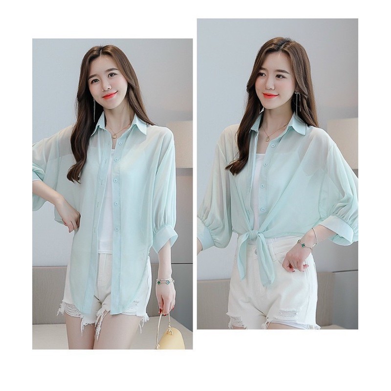 Áo sơ mi voan vạt buộc nơ phong cách sành điệu dáng croptop cho bạn nữ