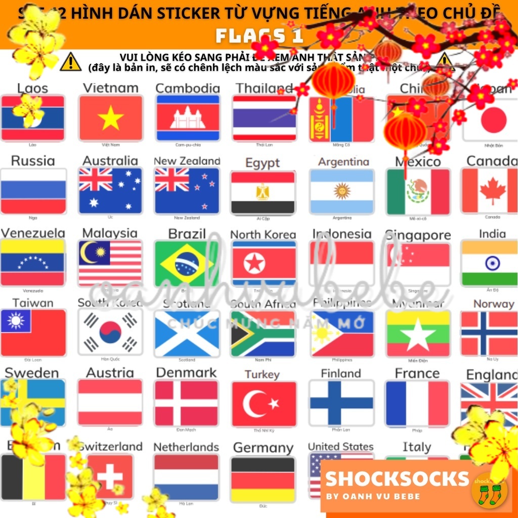 🔥42 hình dán từ vựng tiếng Anh chủ đề Lá cờ của các nước🔥