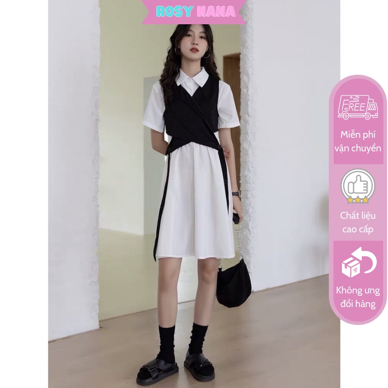 Set Váy Sơ Mi Kèm Gile Chất Liệu Đũi Xưởng_ROSYHANA_CÓ ĐÁNG GIÁ VÀ VIDEO