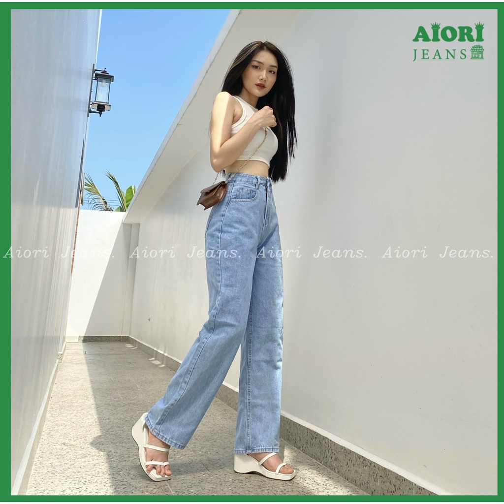 Quần Jeans Nữ, Quần Bò Nữ Aiori Ống Rộng Cạp Cao Trơn Kiểu Bò Suông Phong Cách Thời Trang Hàn Quốc Ulzzang_Mã 004