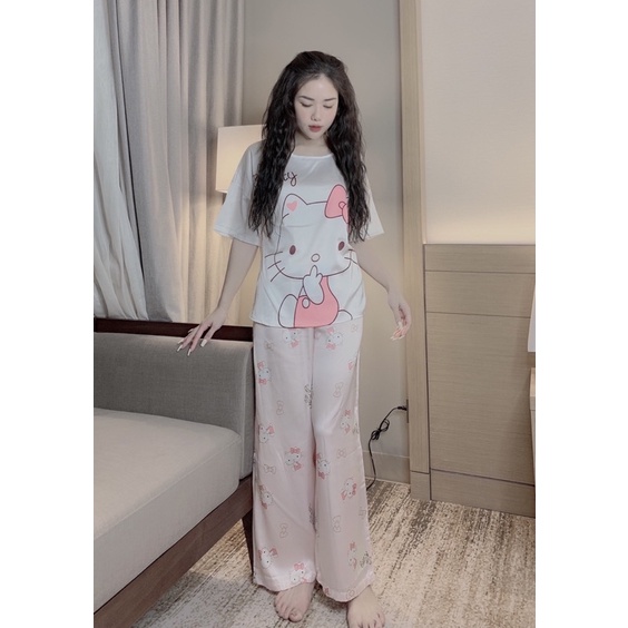 Đồ Bộ Pijama Nữ Lụa Latin Cổ Tròn Cao Cấp,Tay Cộc Quần Dài,Hàng Thiết Kế
