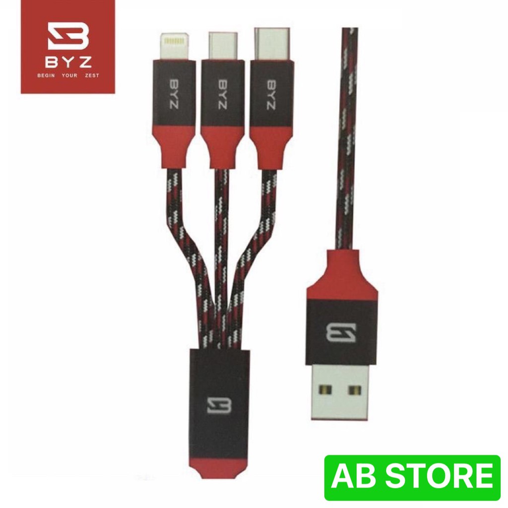 Cáp sạc 3 đầu byz BL-675, dây dù, dài 1.2m lightning + micro usb + type c [ AB STORE ]