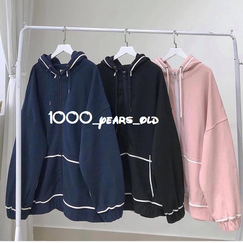 Áo Khoác Hoodie Nỉ Viền Trắng Form Rộng Tay Bồng Khóa Kéo Có Mũ Màu Đen | Xanh | Hồng Ulzzang Nam Nữ HOT