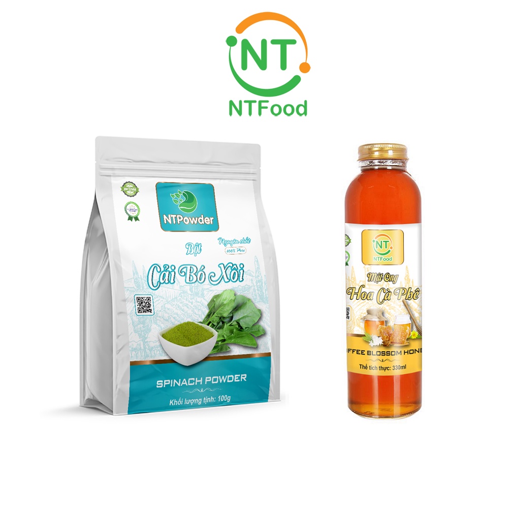 Combo Bột Cải Bó Xôi sấy lạnh nguyên chất NTPOWDER 100gr và Mật Ong hoa cafe NTFOOD 330ml - Nhất Tín Food