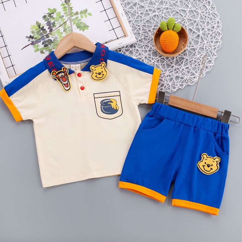 Bộ đồ 2 món gồm áo thun polo tay ngắn họa tiết hoạt hình có ve áo + quần dành cho bé từ 0-5 tuổi