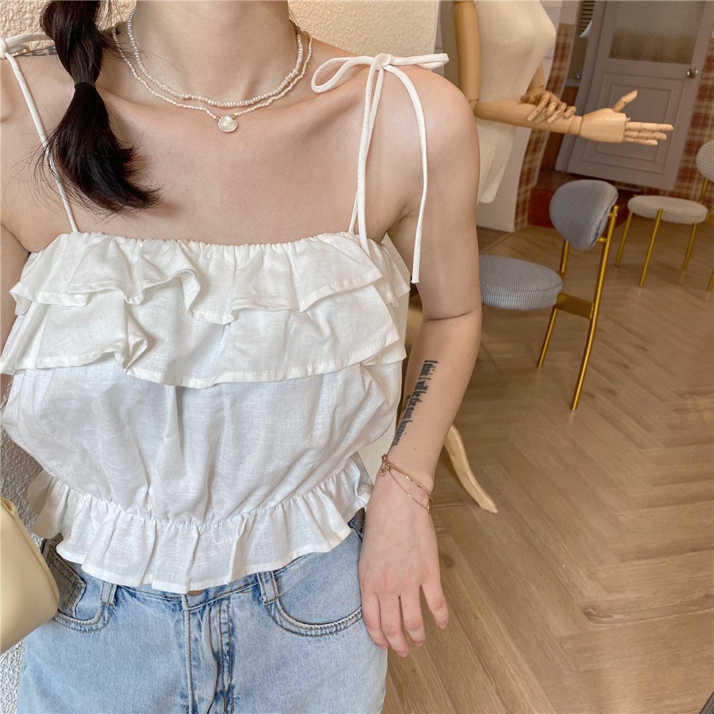 Áo hai dây croptop đũi thắt nơ vai - Áo 2 dây nữ chất đũi hở lưng bèo ngực kiểu dáng hàn quốc