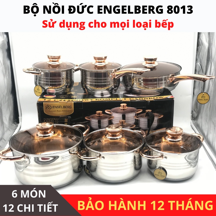 [HÀNG CHÍNH HÀNG] Bộ nồi Đức ENGELBERG bộ nồi Đức 6 món 12 chi tiết, đáy INOX 5 lớp, nắp vung kính