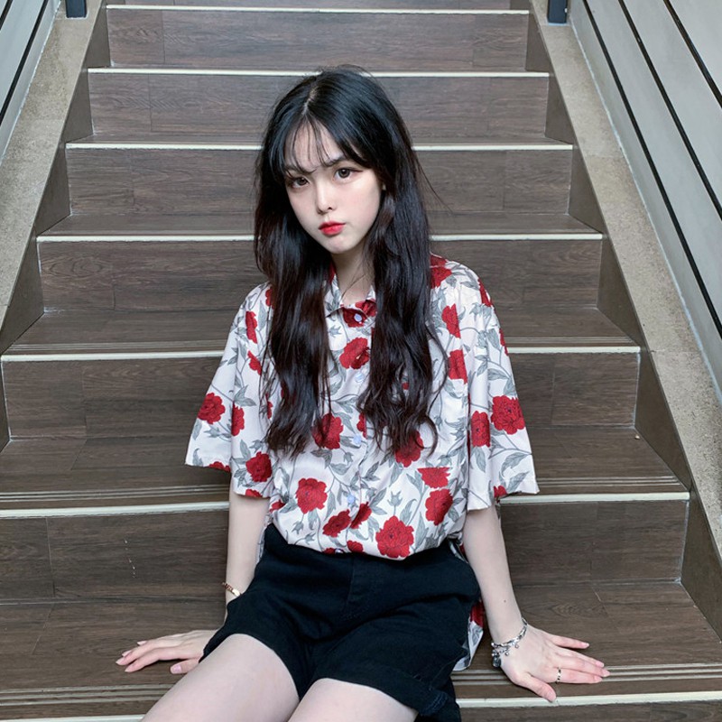 Áo sơ mi chiffon from rộng unisex in hoa hồng phong cách retro Hàn Quốc | BigBuy360 - bigbuy360.vn